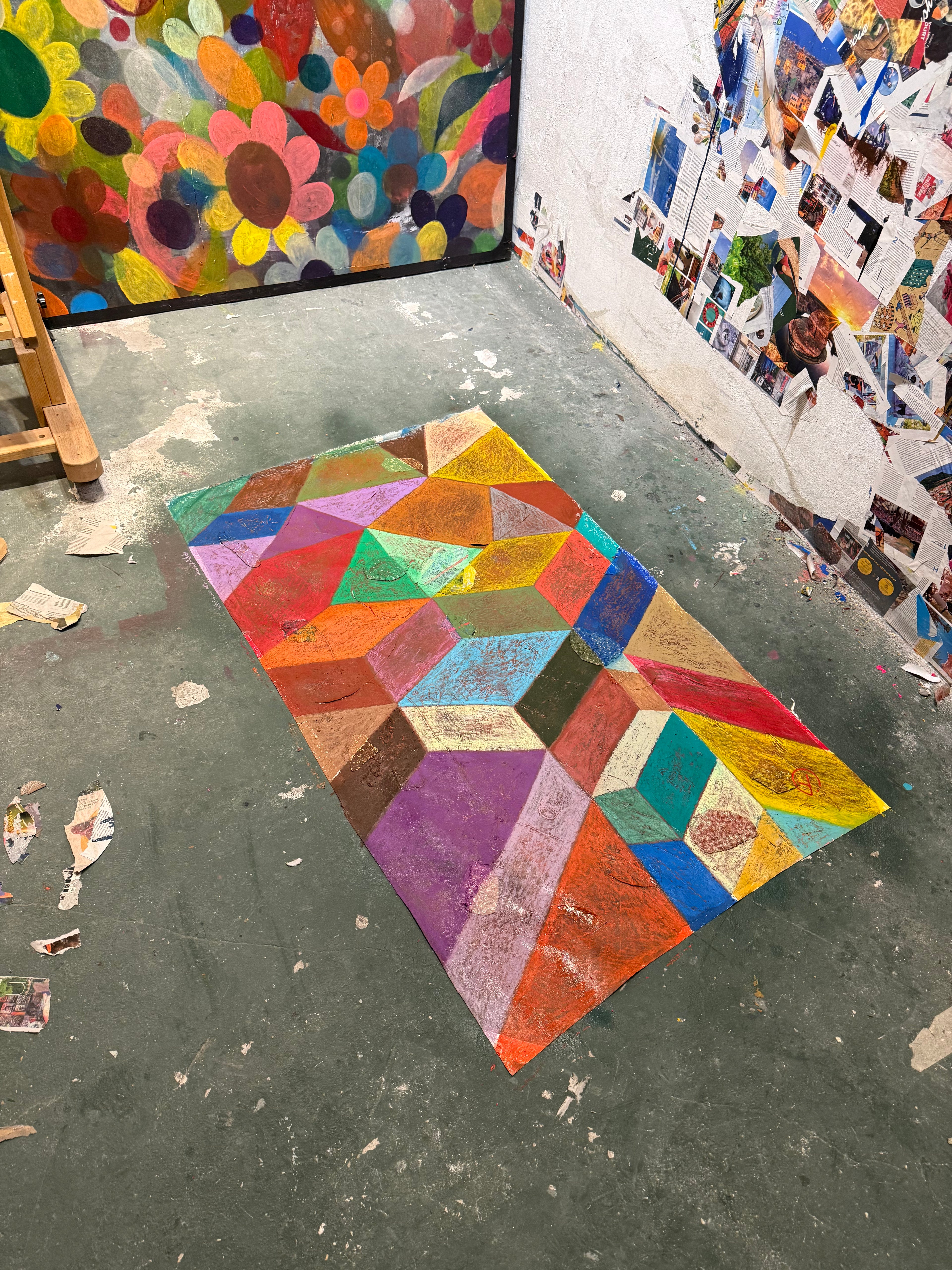 'CUBE X' 2026 ; oil pastel on canvas and collage.