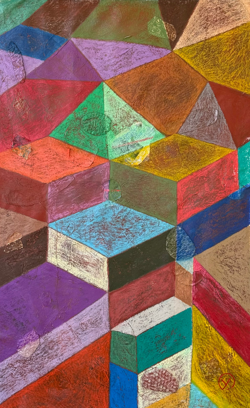 'CUBE X' 2026 ; oil pastel on canvas and collage.