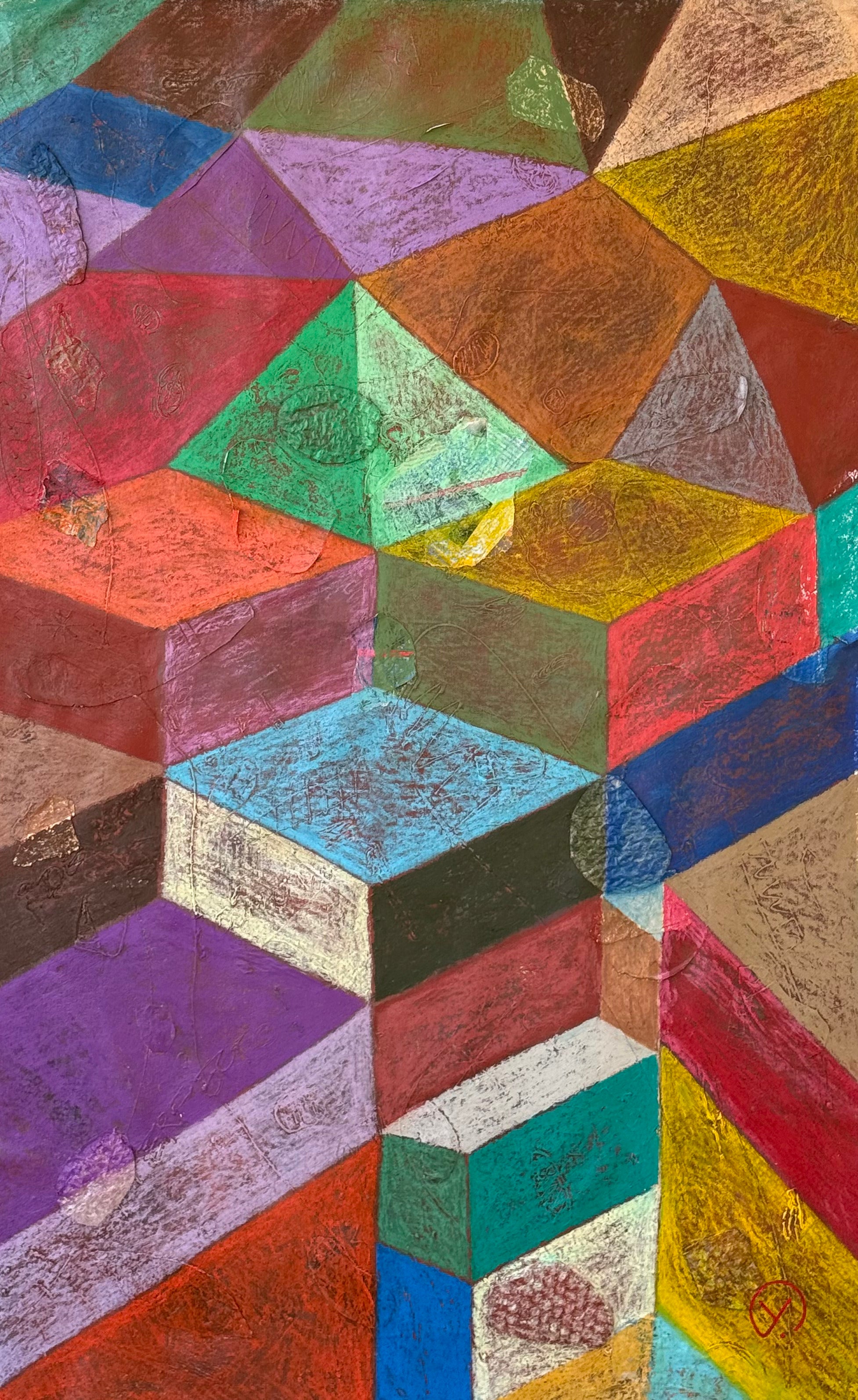 'CUBE X' 2026 ; oil pastel on canvas and collage.