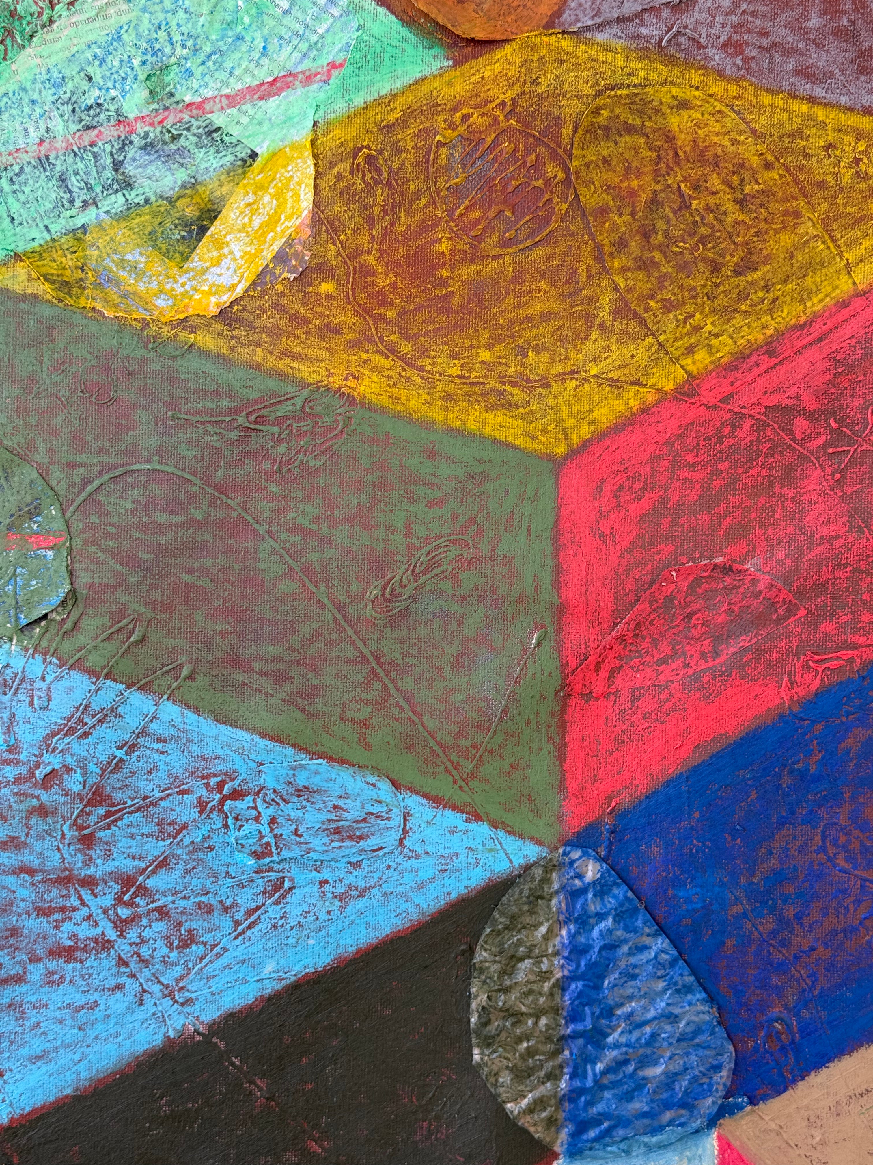 'CUBE X' 2026 ; oil pastel on canvas and collage.