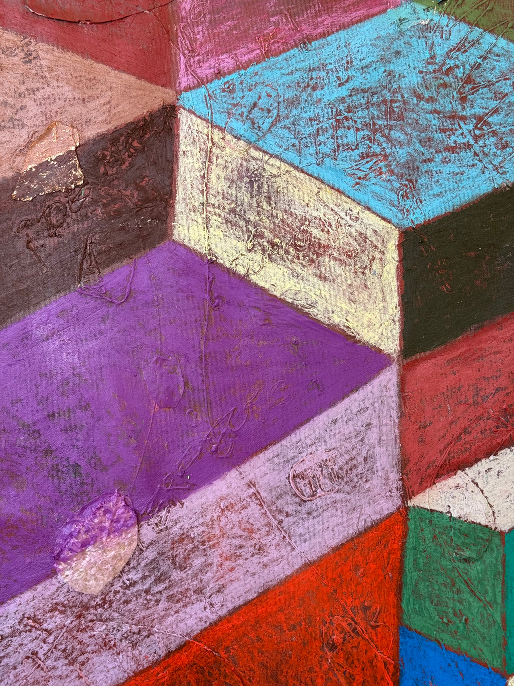 'CUBE X' 2026 ; oil pastel on canvas and collage.