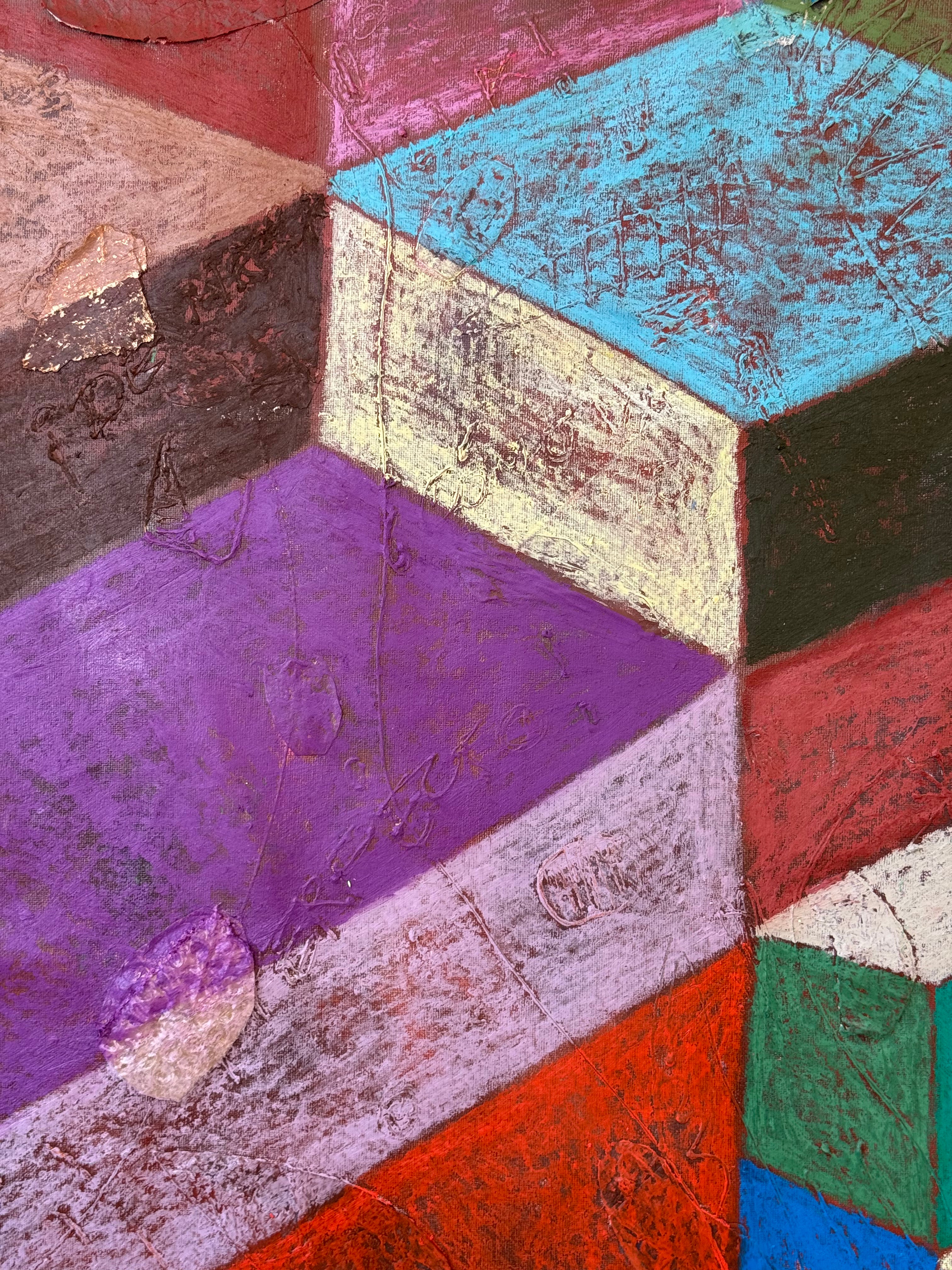 'CUBE X' 2026 ; oil pastel on canvas and collage.