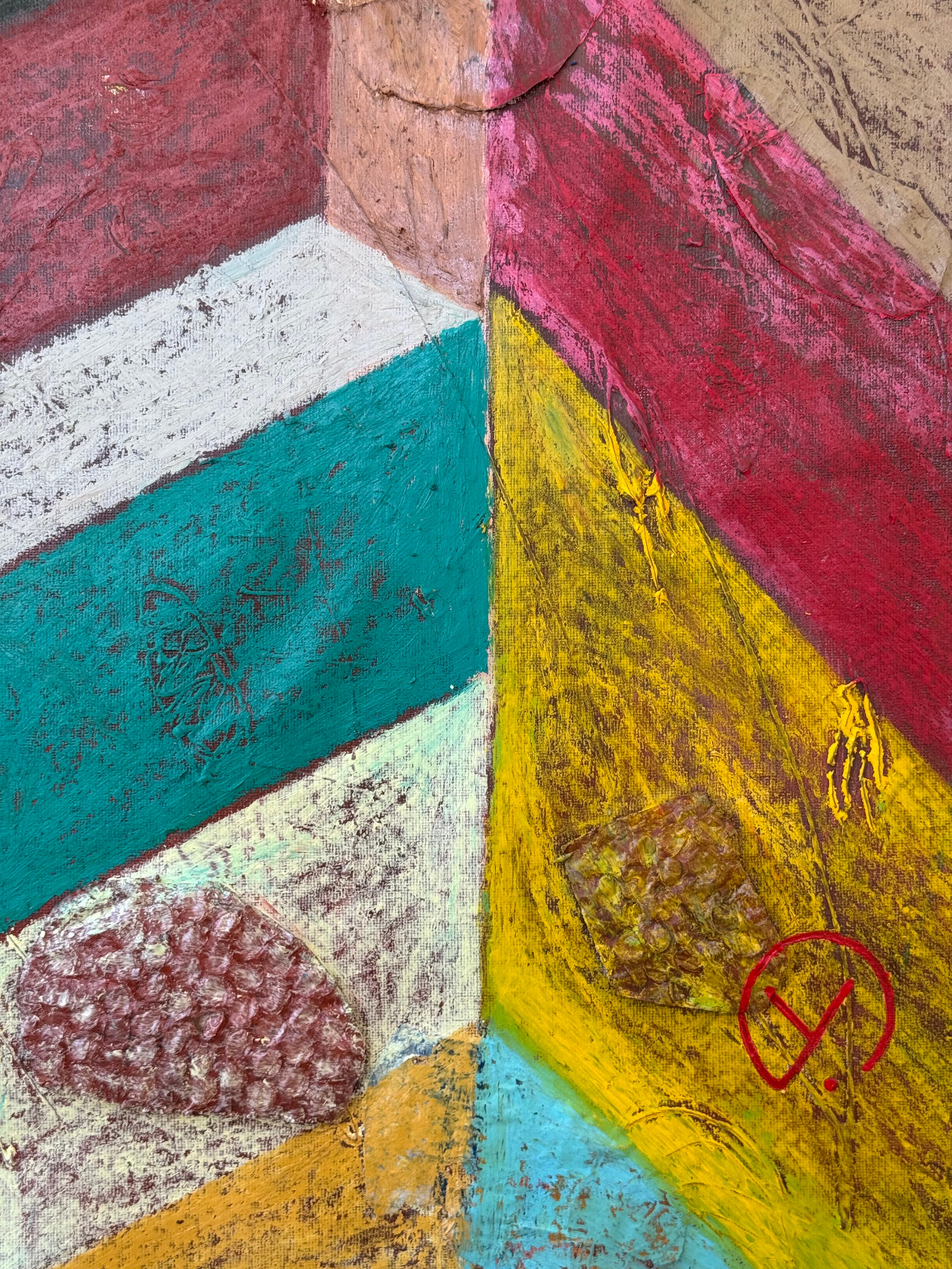 'CUBE X' 2026 ; oil pastel on canvas and collage.