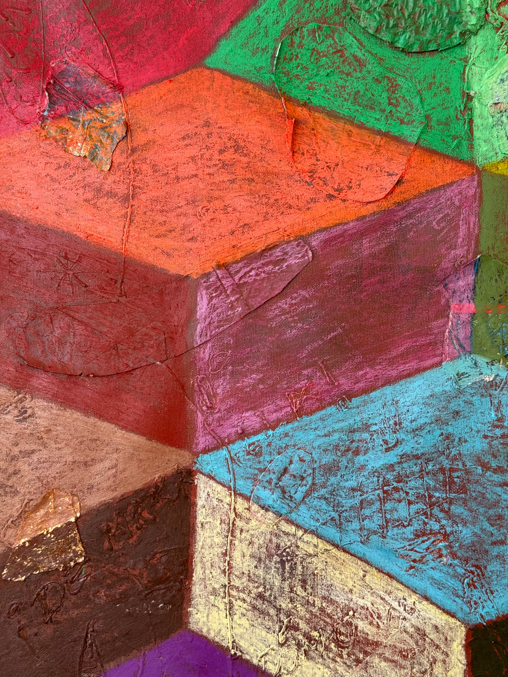 'CUBE X' 2026 ; oil pastel on canvas and collage.
