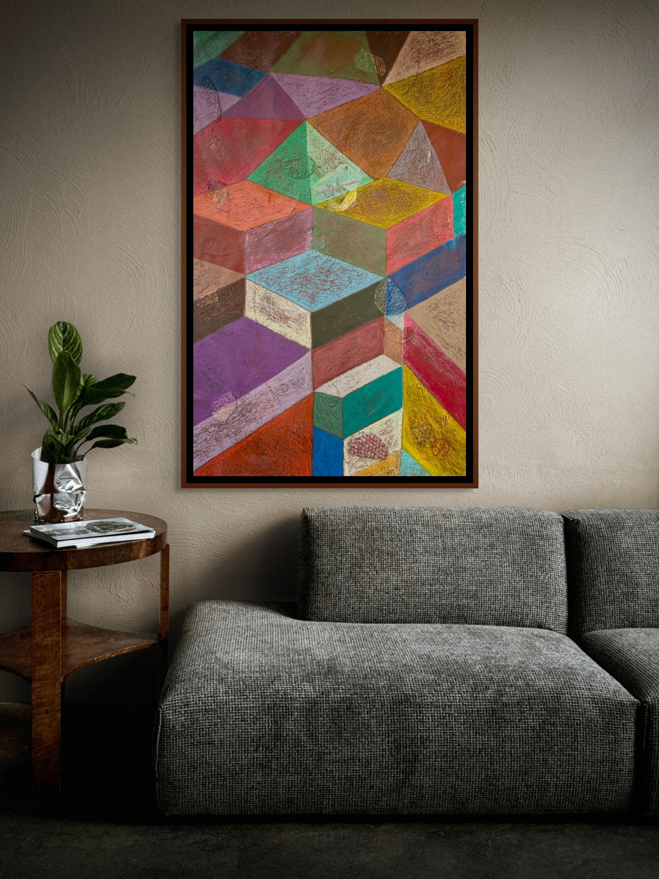 'CUBE X' 2026 ; oil pastel on canvas and collage.